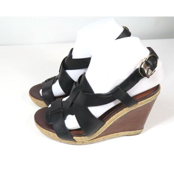 Cole Haan Strappy Black Leather Brown Wedge Slingback Sandals Women 6.5 - Picture 5 of 9